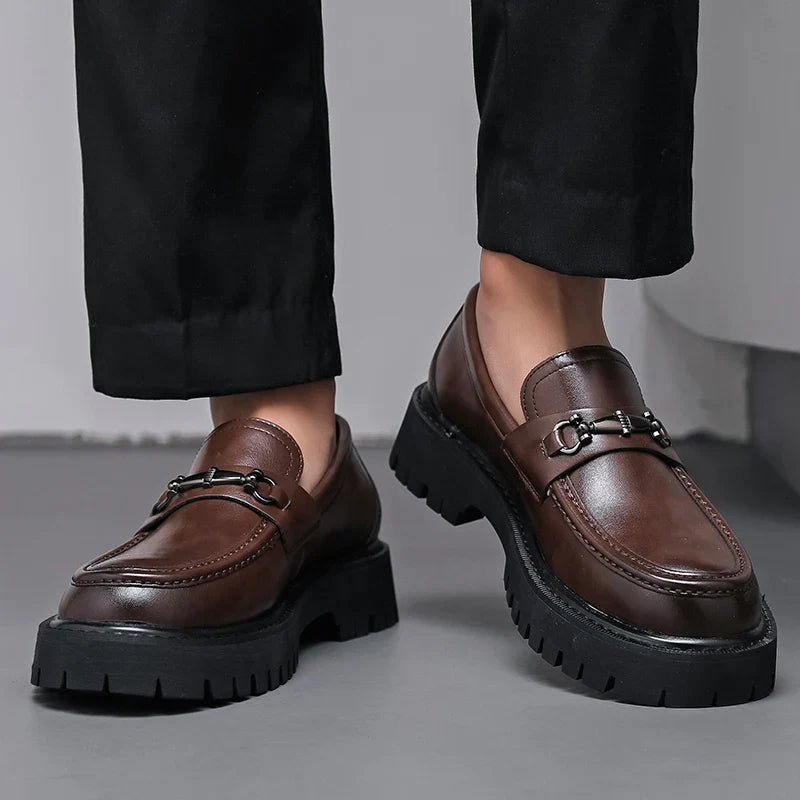 Men's brown leather chunky loafers with metal buckle