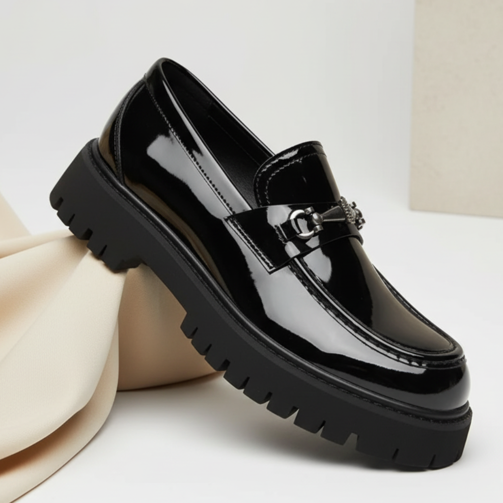 Men's brown leather chunky loafers with metal buckle