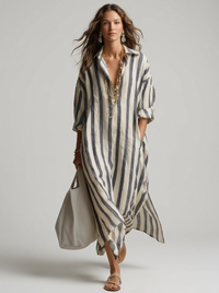 Women's Striped Maxi Shirt Dress with V-Neck and Loose Fit