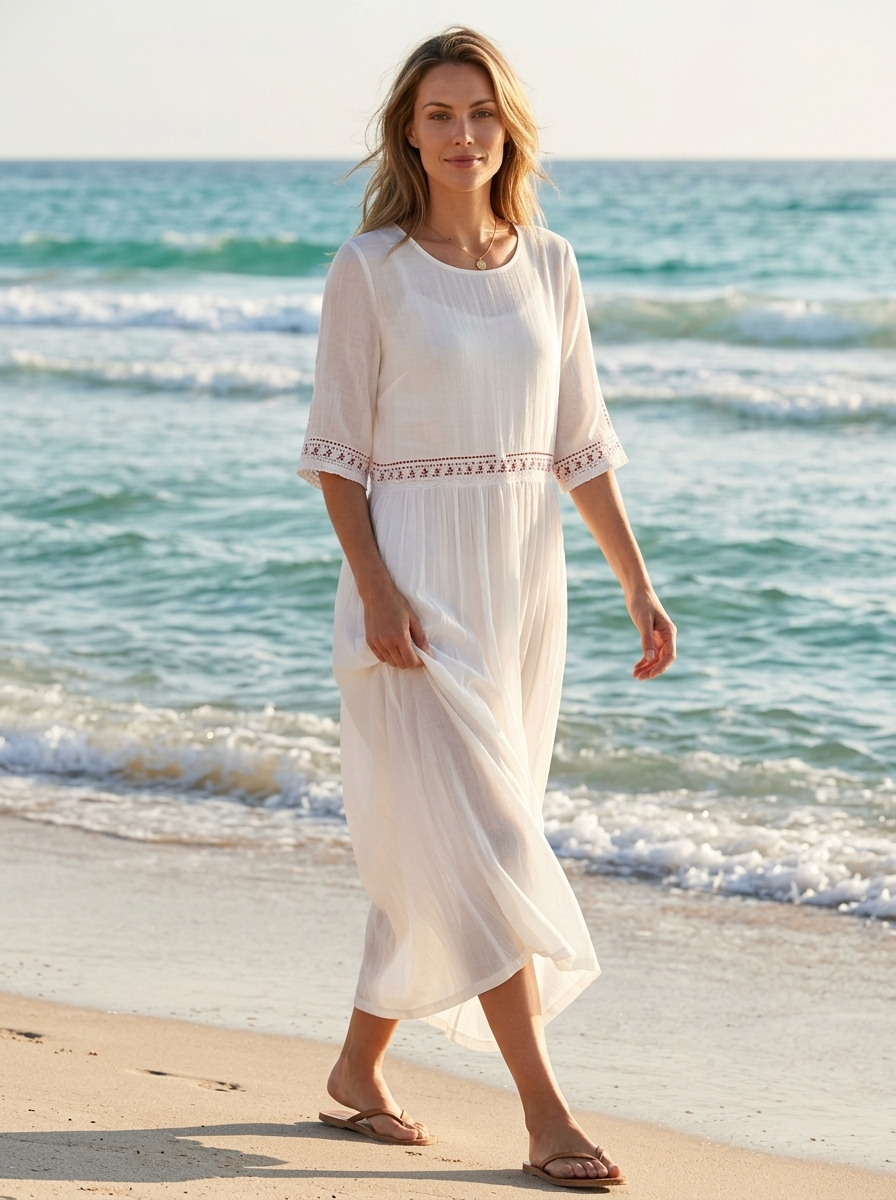 Women's white embroidered cotton midi dress