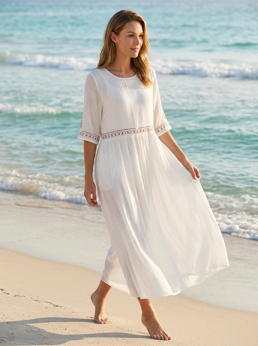 Women's white embroidered cotton midi dress