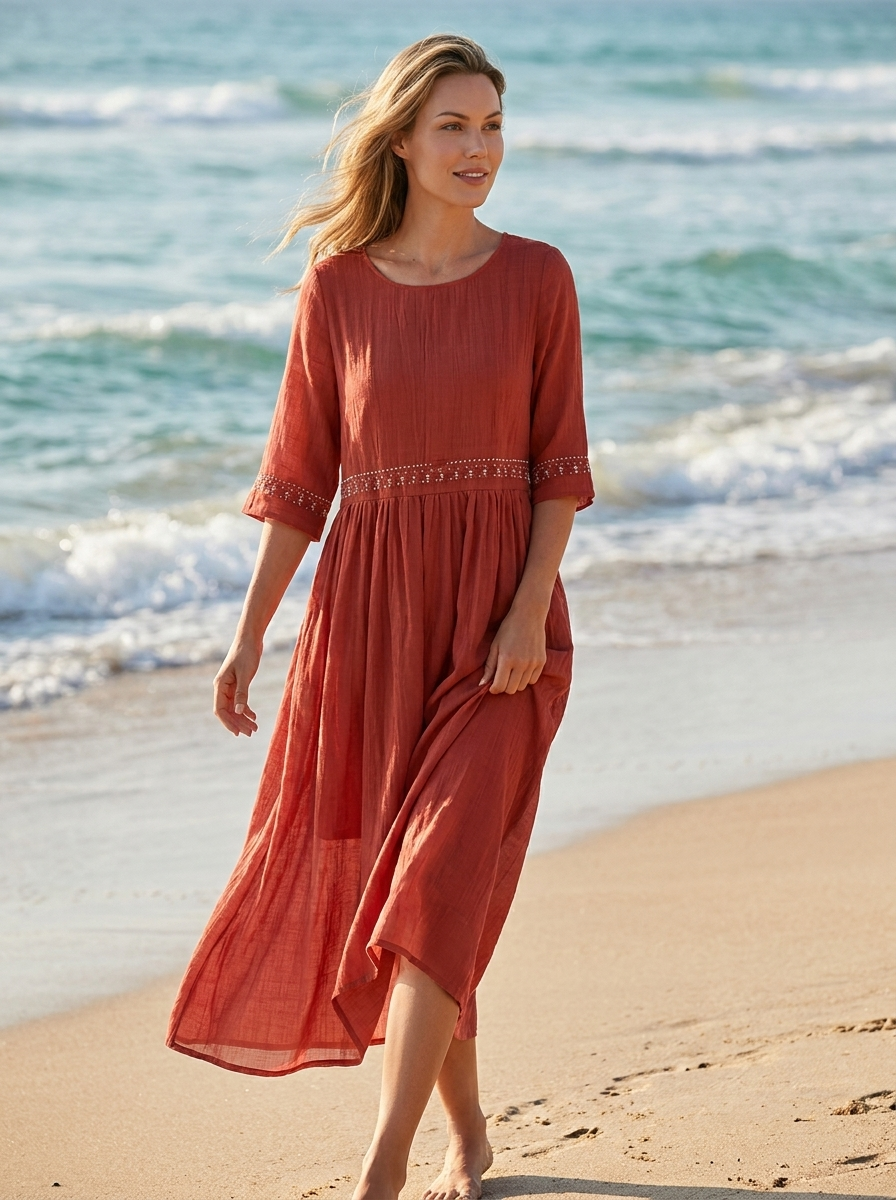 Women's red embroidered cotton midi dress