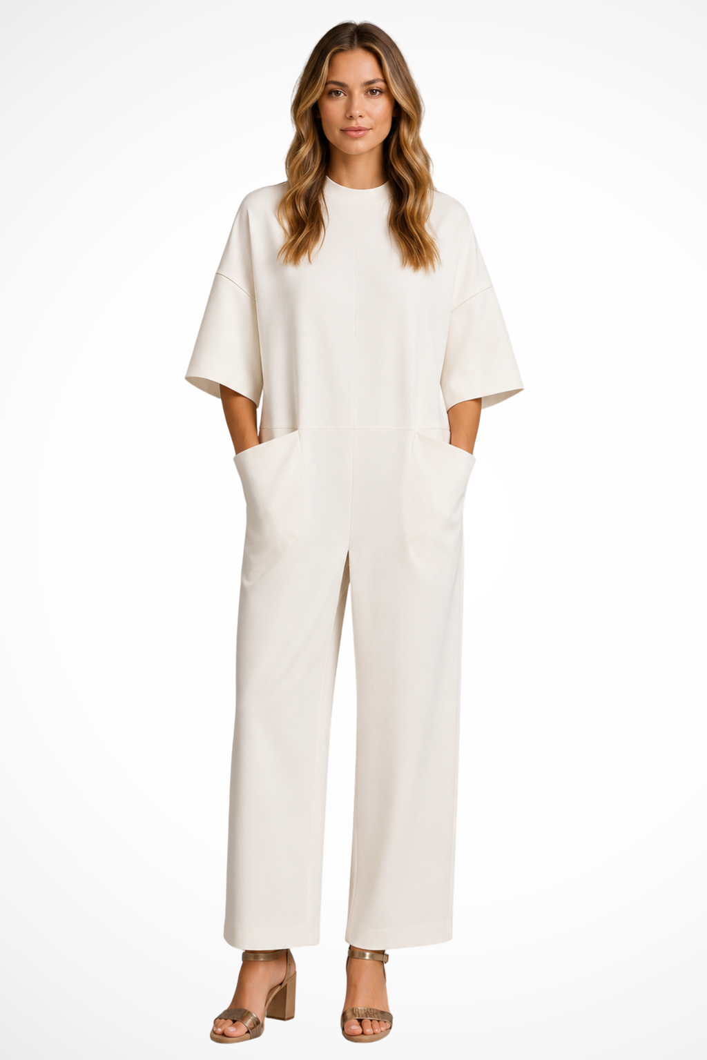 Women's white wide leg short sleeve jumpsuit