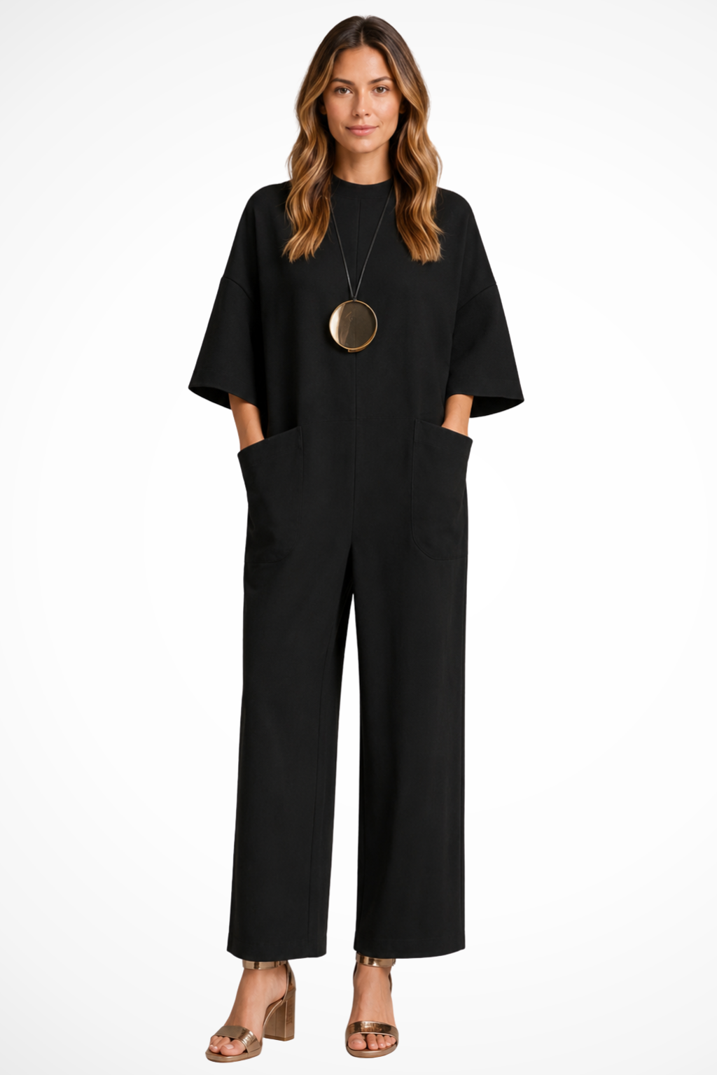 Women's black wide leg short sleeve jumpsuit