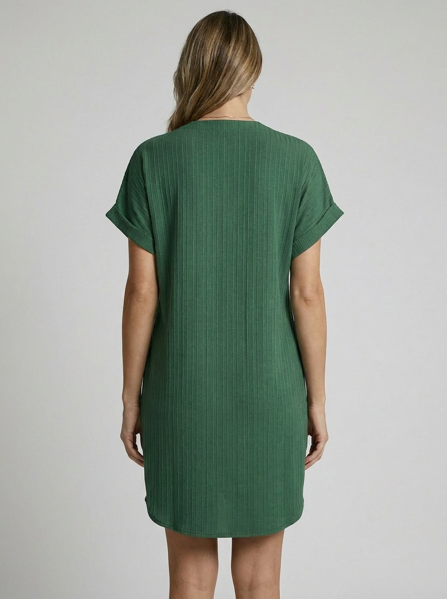 Ribbed Summer Dress with V-Neck and Buttons