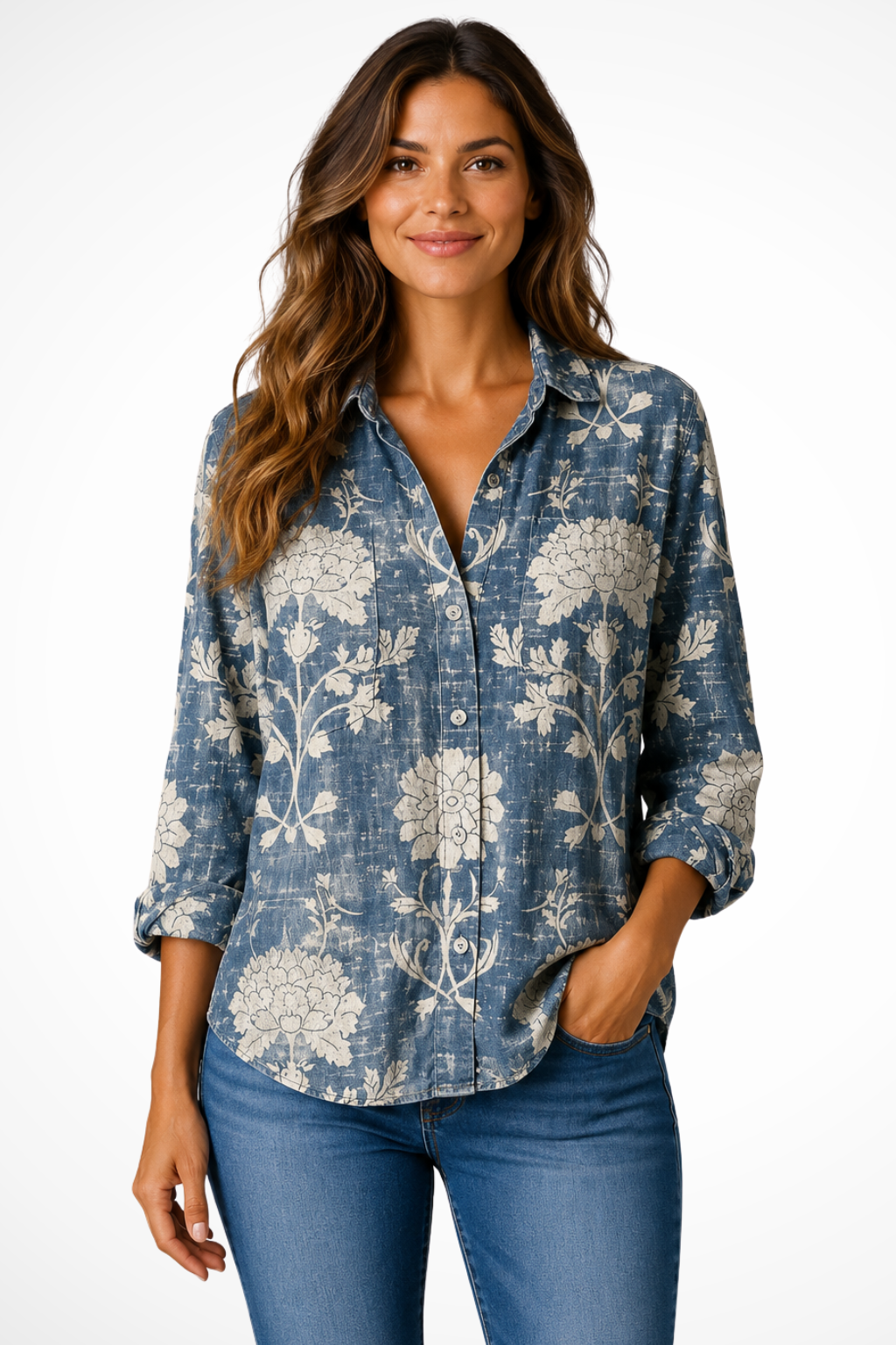Women's blue bandana print button-down boho blouse