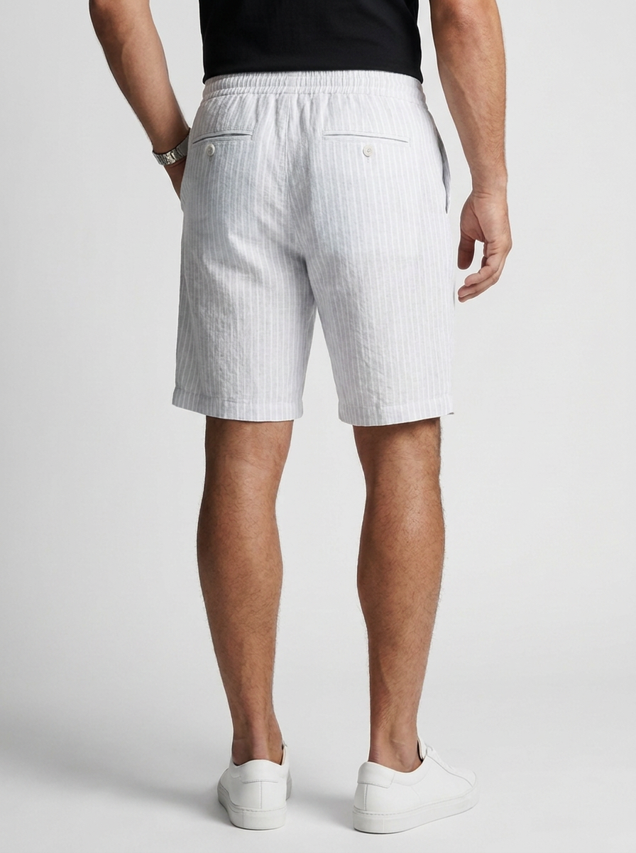 Men's white linen shorts with elastic waist and drawstring