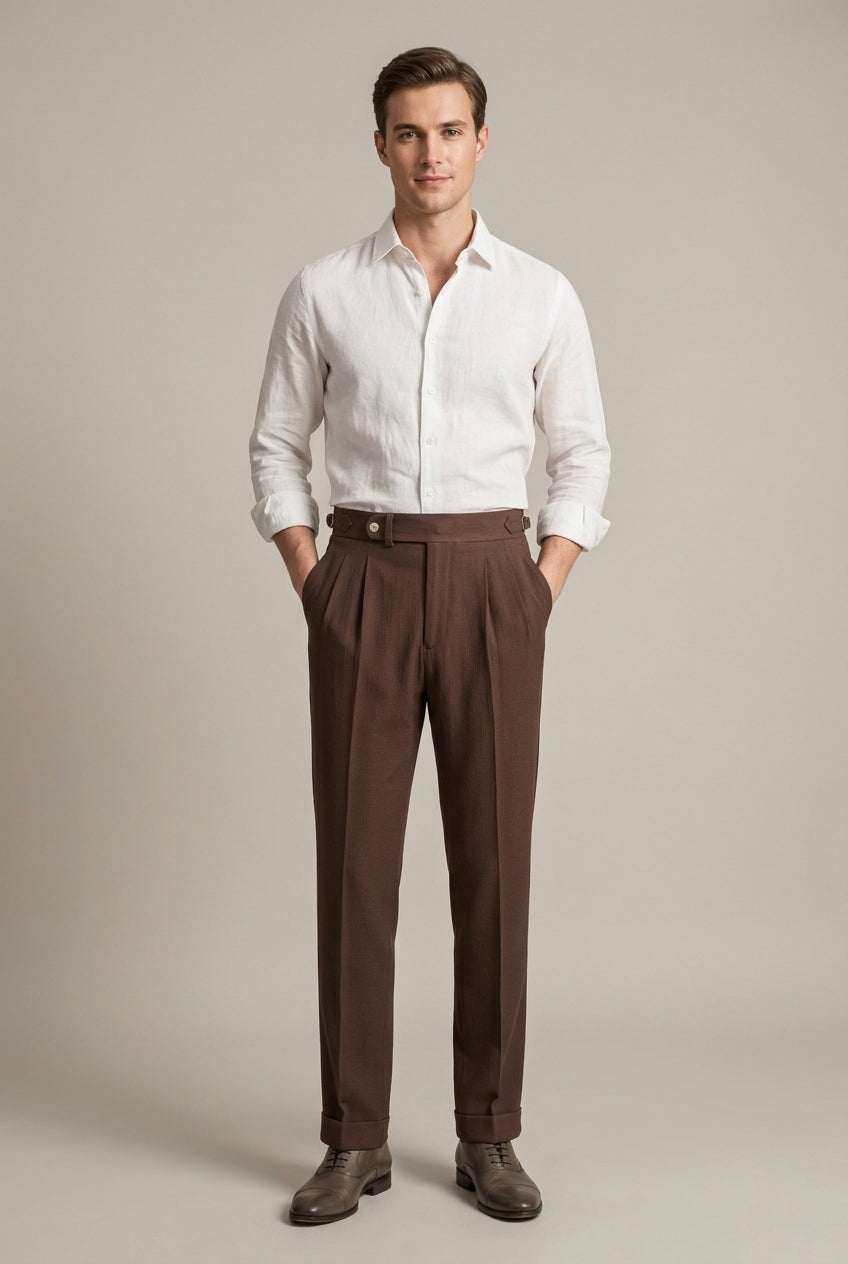 Men's brown pleated high waist wide leg trousers with buckle tab