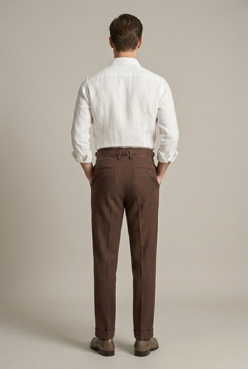 Men's brown pleated high waist wide leg trousers with buckle tab