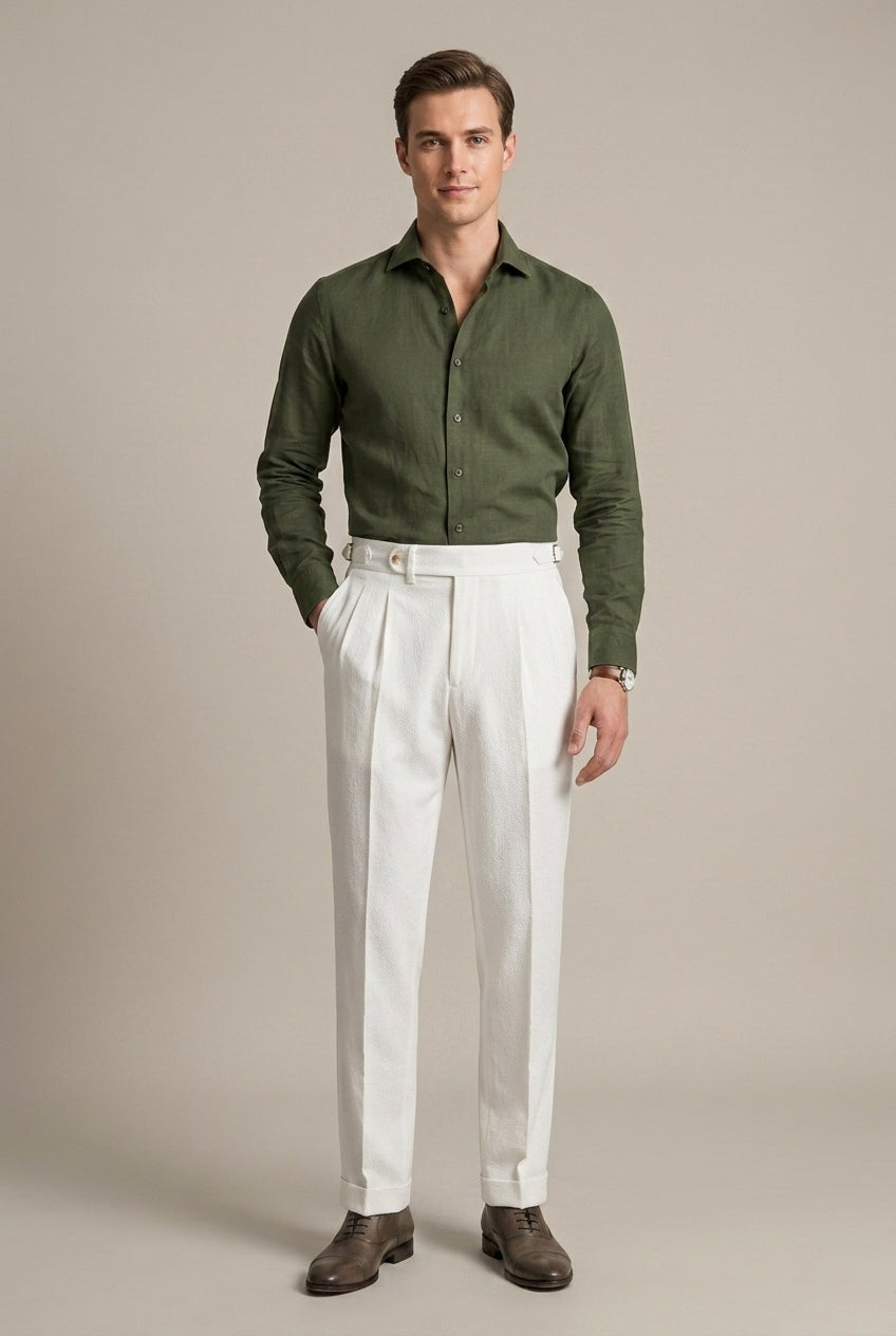 Men's brown pleated high waist wide leg trousers with buckle tab