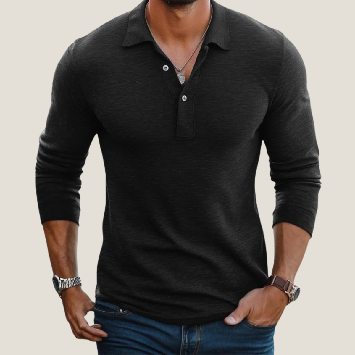 Men's taupe long sleeve polo shirt with button placket and lapel collar