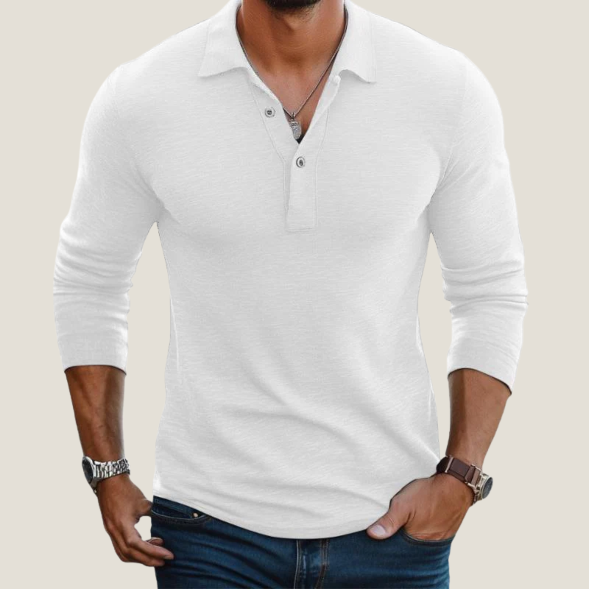 Men's taupe long sleeve polo shirt with button placket and lapel collar
