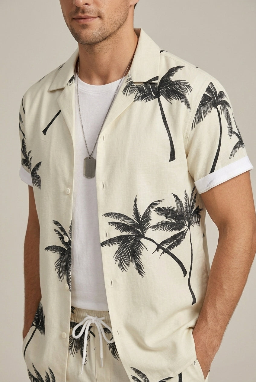 Men's beige palm print shirt and shorts two piece summer set