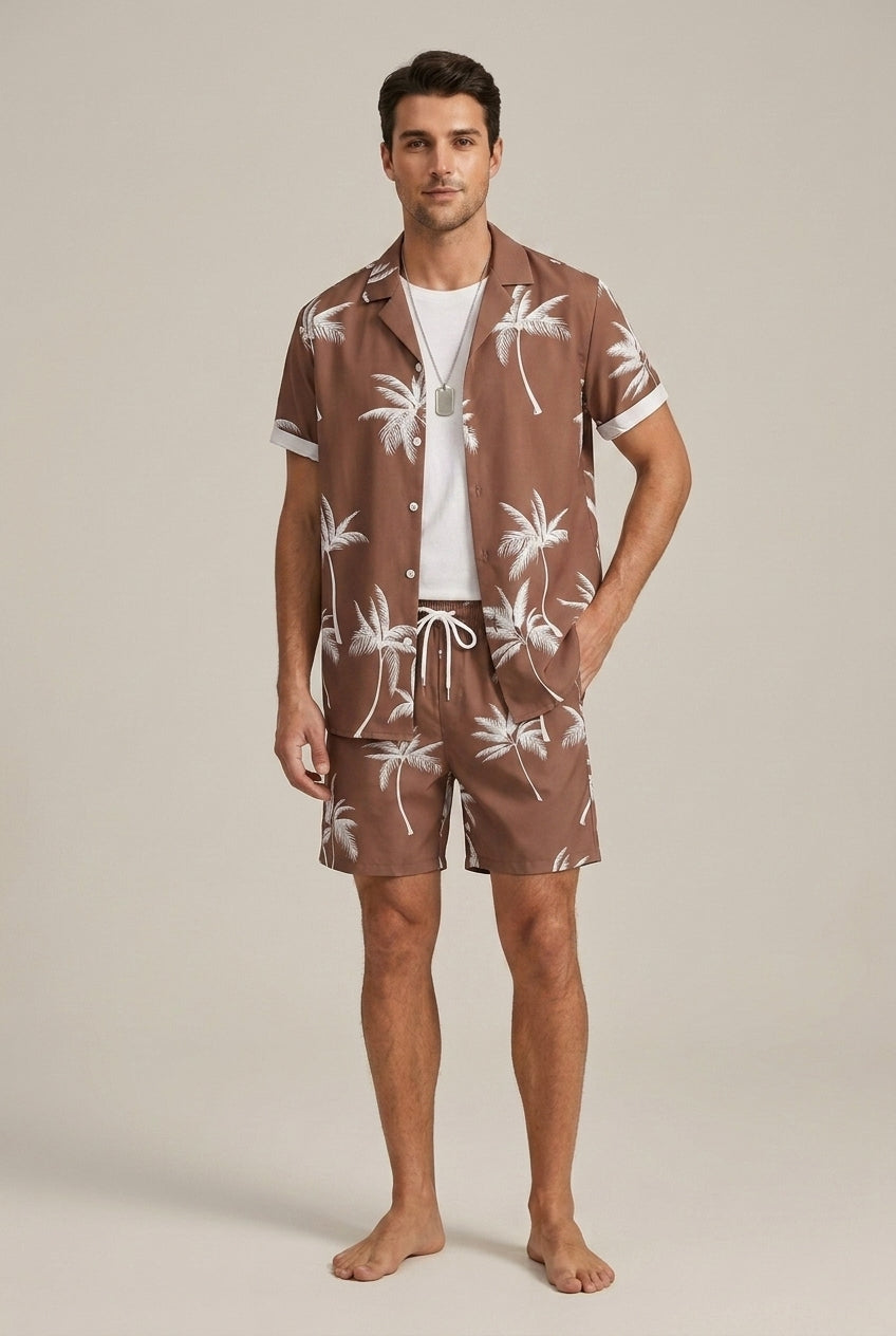 Men's beige palm print shirt and shorts two piece summer set