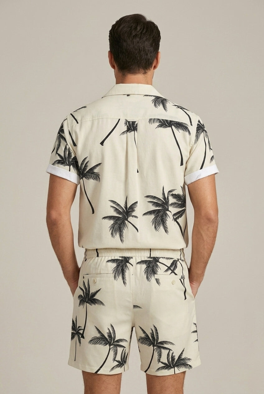 Men's beige palm print shirt and shorts two piece summer set