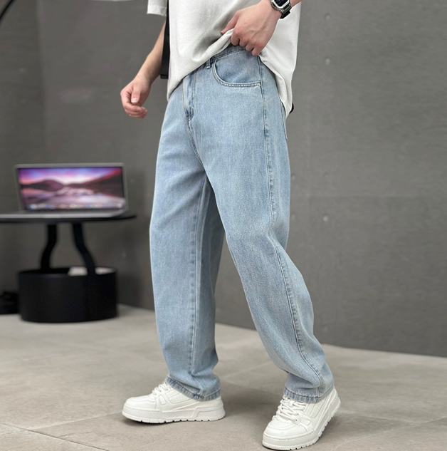 Men's dark grey relaxed fit straight leg jeans with five pocket styling