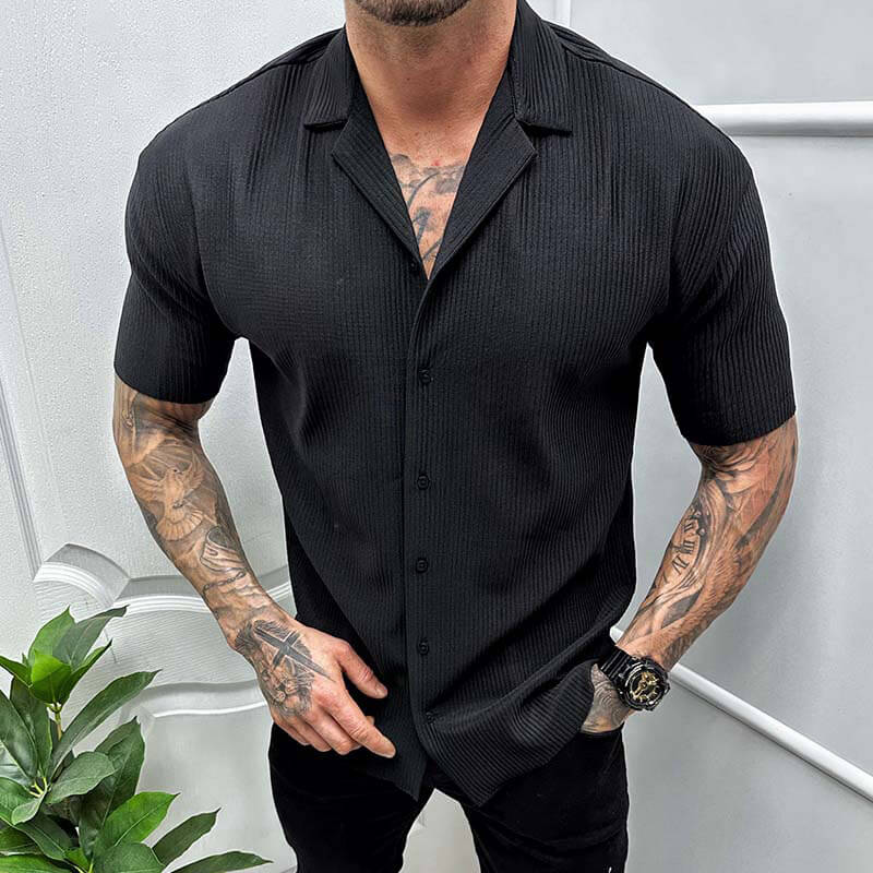 Men's black ribbed knitted shirt with camp collar