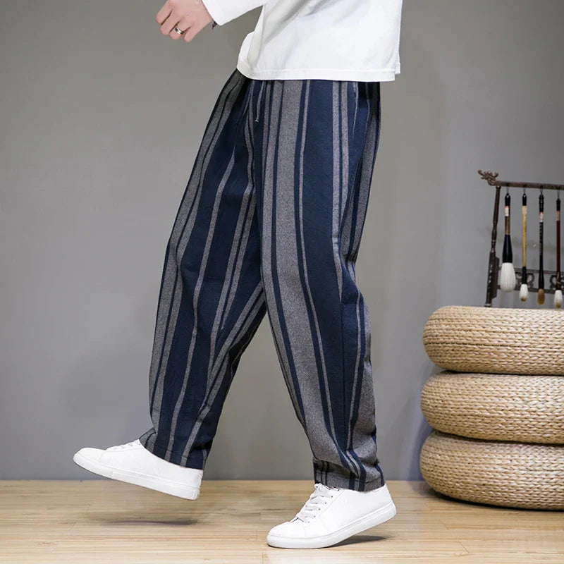 Men's blue striped cropped trousers with wide leg and drawstring waist