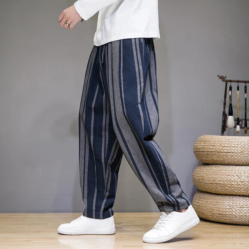 Men's blue striped cropped trousers with wide leg and drawstring waist