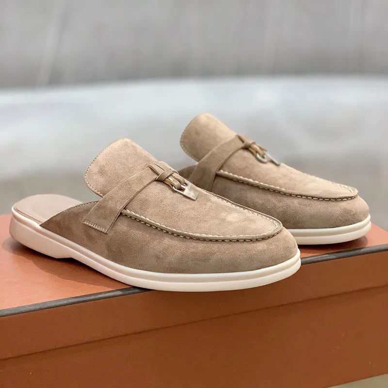 Men's beige suede mule loafers with open back and metal bar trim