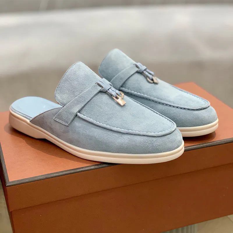 Men's beige suede mule loafers with open back and metal bar trim