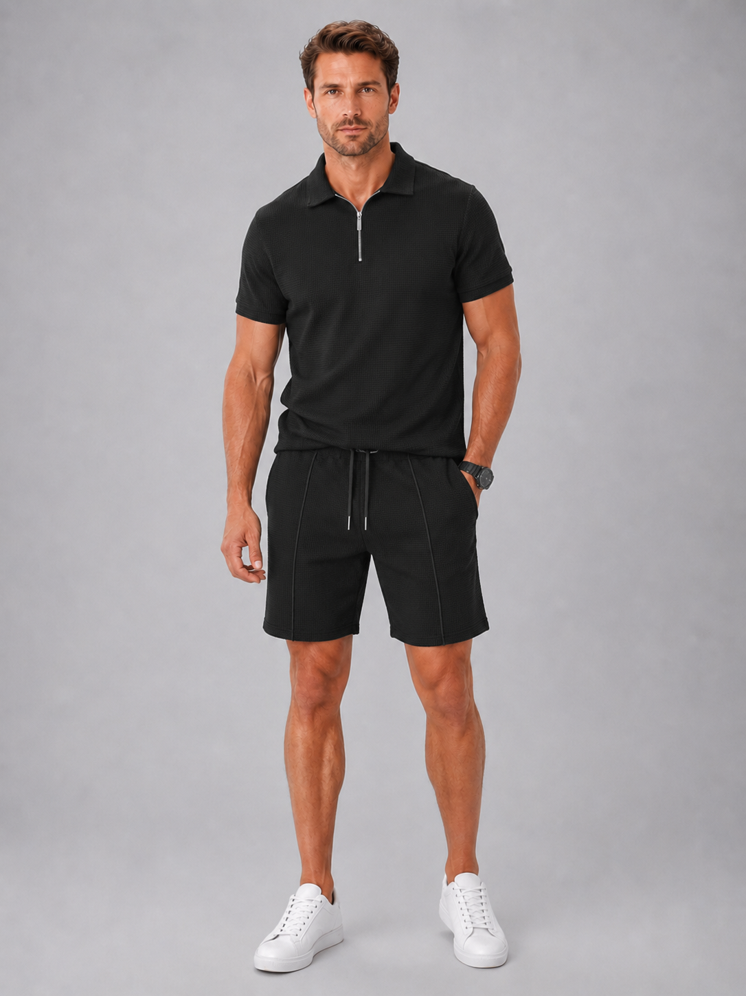 Men's beige polo and shorts co-ord set