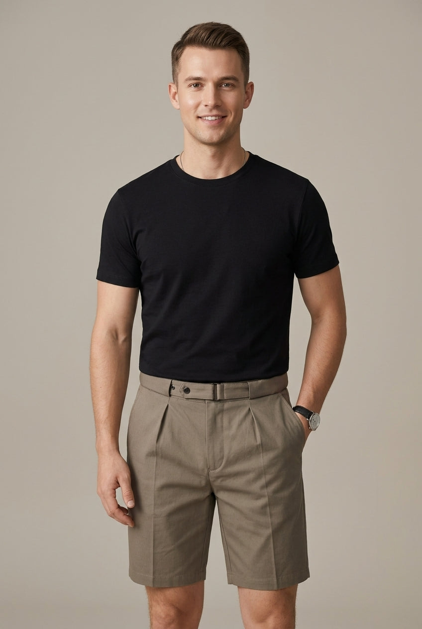 Men's khaki pleated chino shorts with high rise belt tab waist