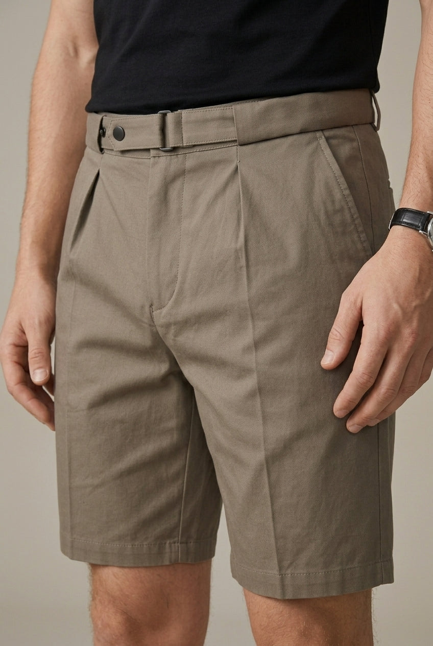Men's khaki pleated chino shorts with high rise belt tab waist