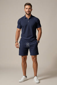Men's Textured Polo and Shorts Matching Set Short Sleeve