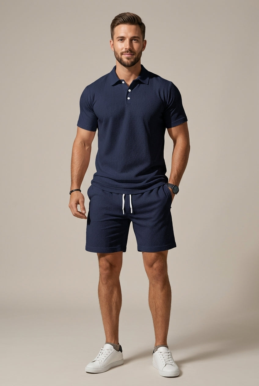 Men's navy textured polo shirt and shorts matching set