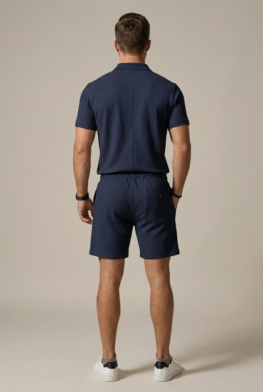 Men's navy textured polo shirt and shorts matching set
