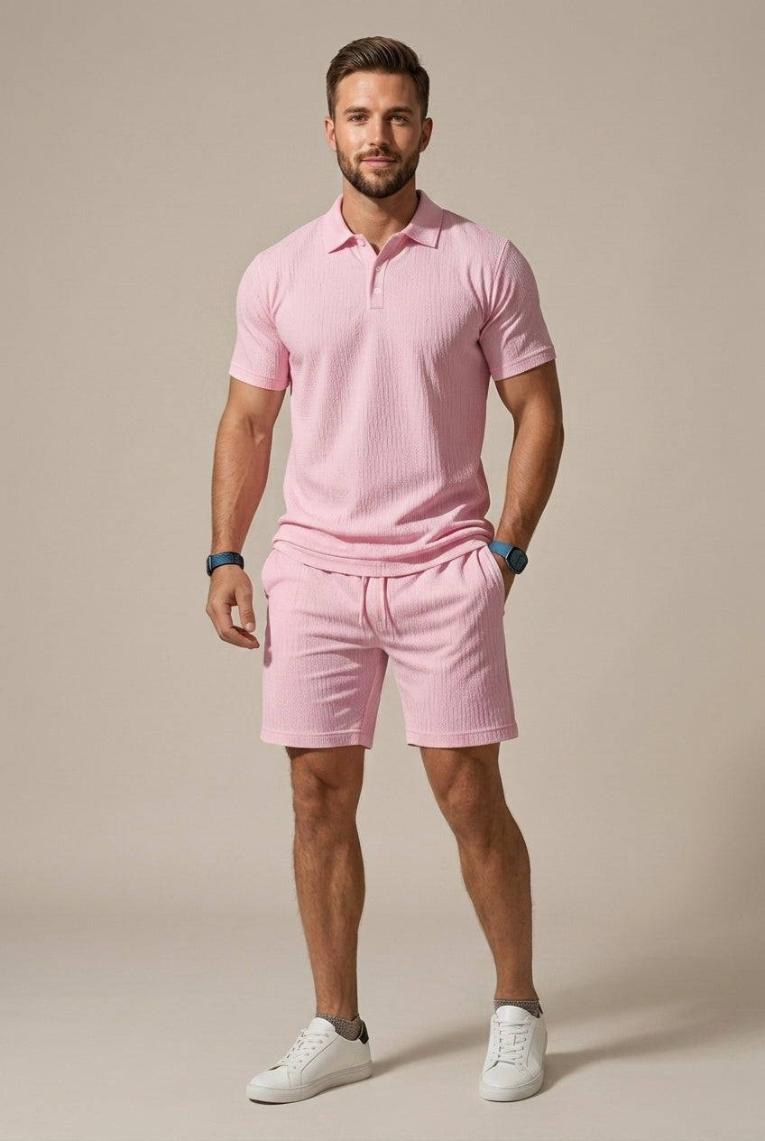 Men's navy textured polo shirt and shorts matching set