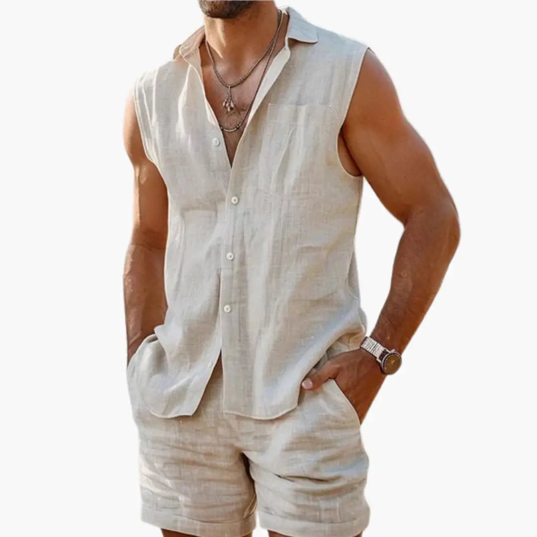 Men's apricot sleeveless collared shirt and shorts co-ord set