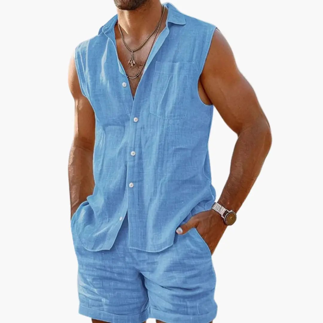 Men's apricot sleeveless collared shirt and shorts co-ord set