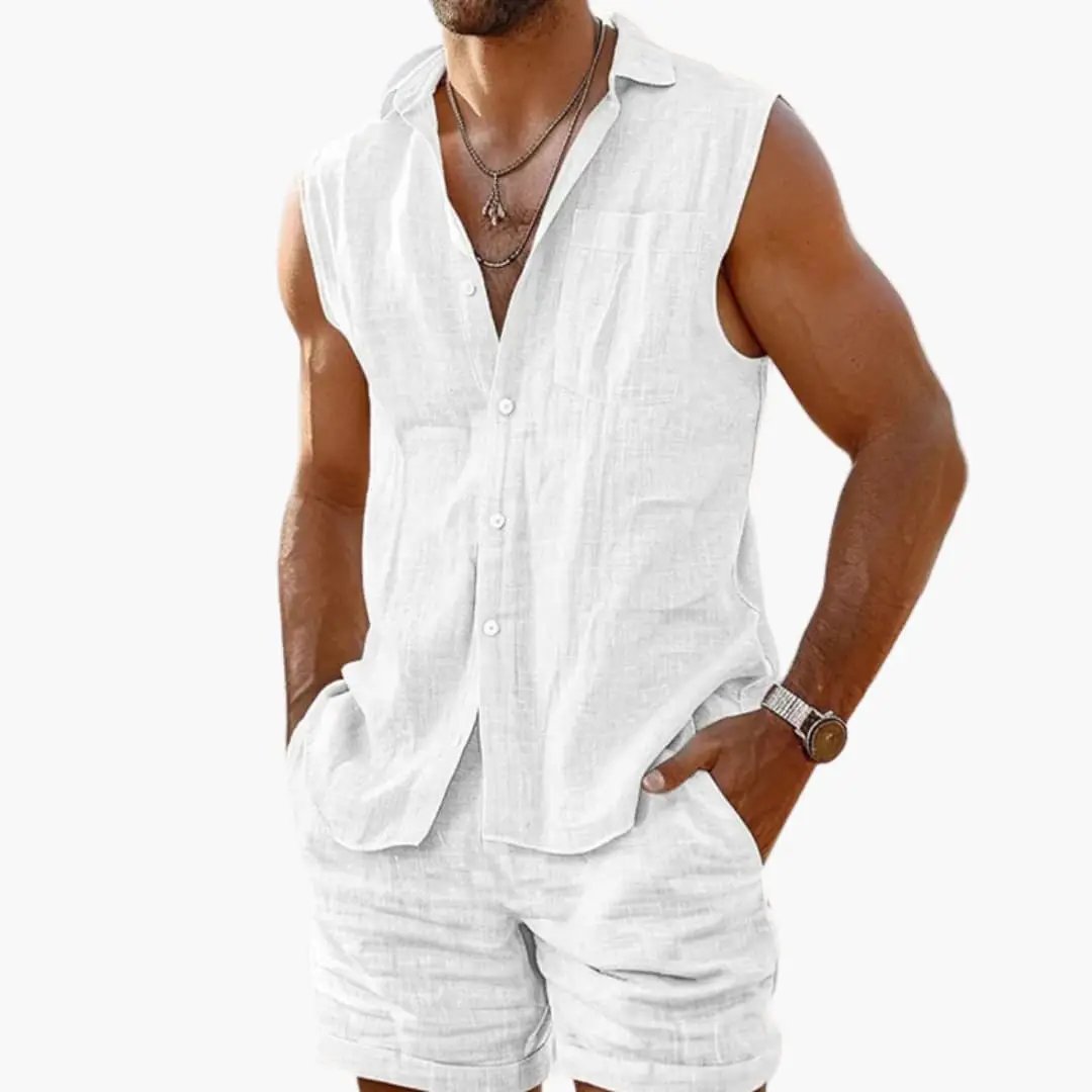 Men's apricot sleeveless collared shirt and shorts co-ord set