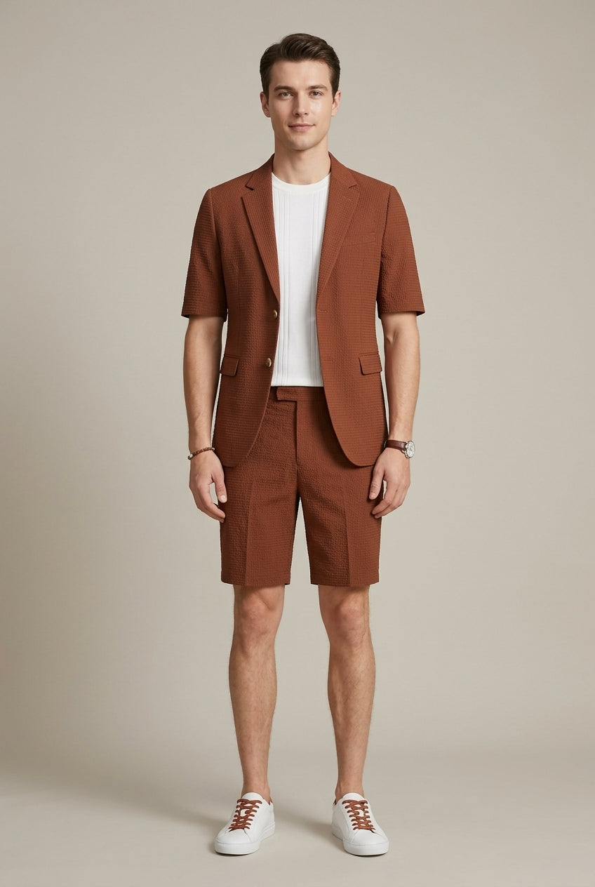Men's brown short sleeve blazer and shorts co-ord set