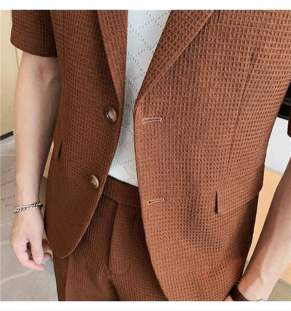 Men's brown short sleeve blazer and shorts co-ord set