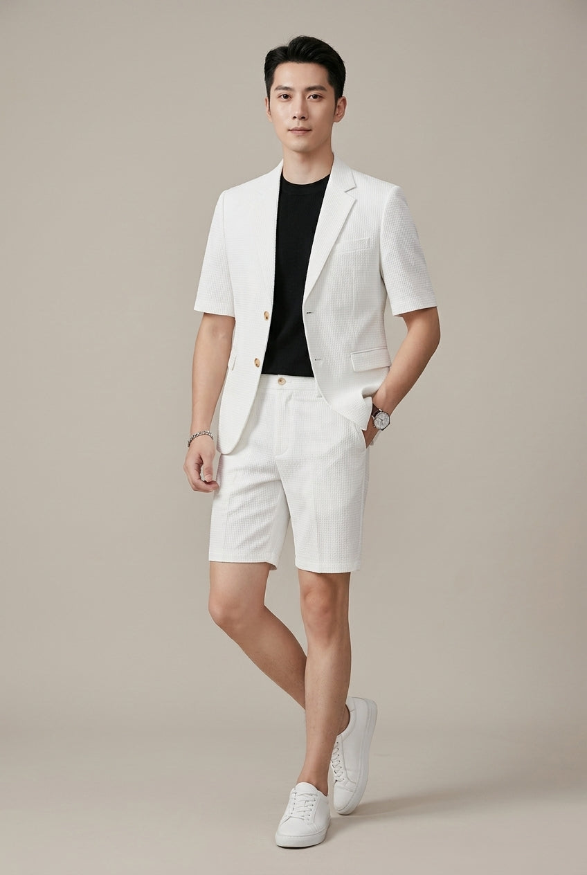 Men's brown short sleeve blazer and shorts co-ord set