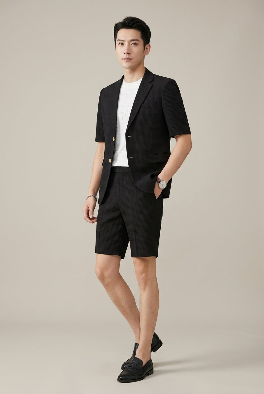 Men's brown short sleeve blazer and shorts co-ord set