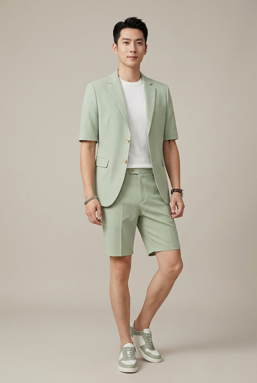 Men's brown short sleeve blazer and shorts co-ord set