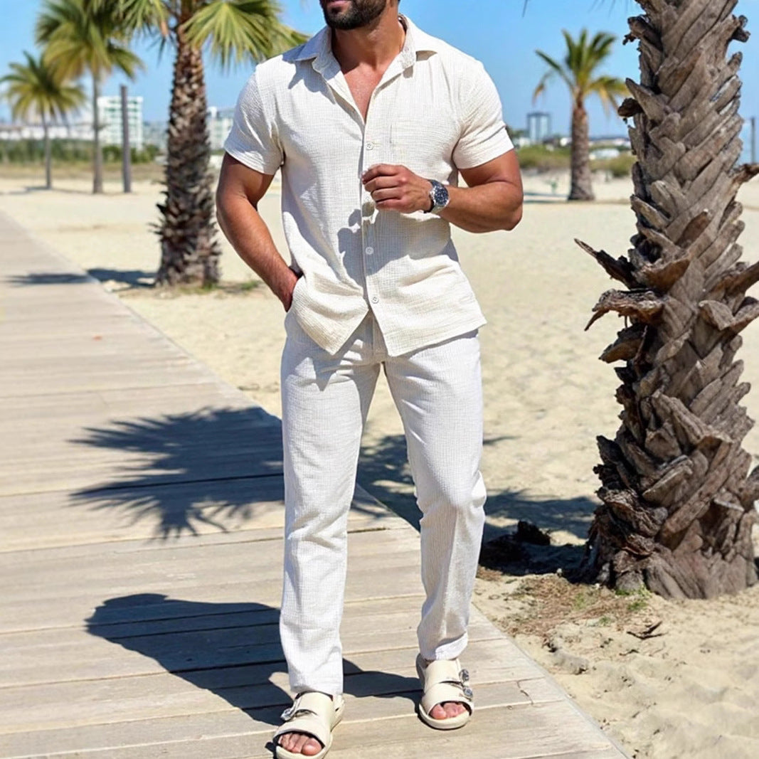 Men's white camp collar shirt and trousers two piece set