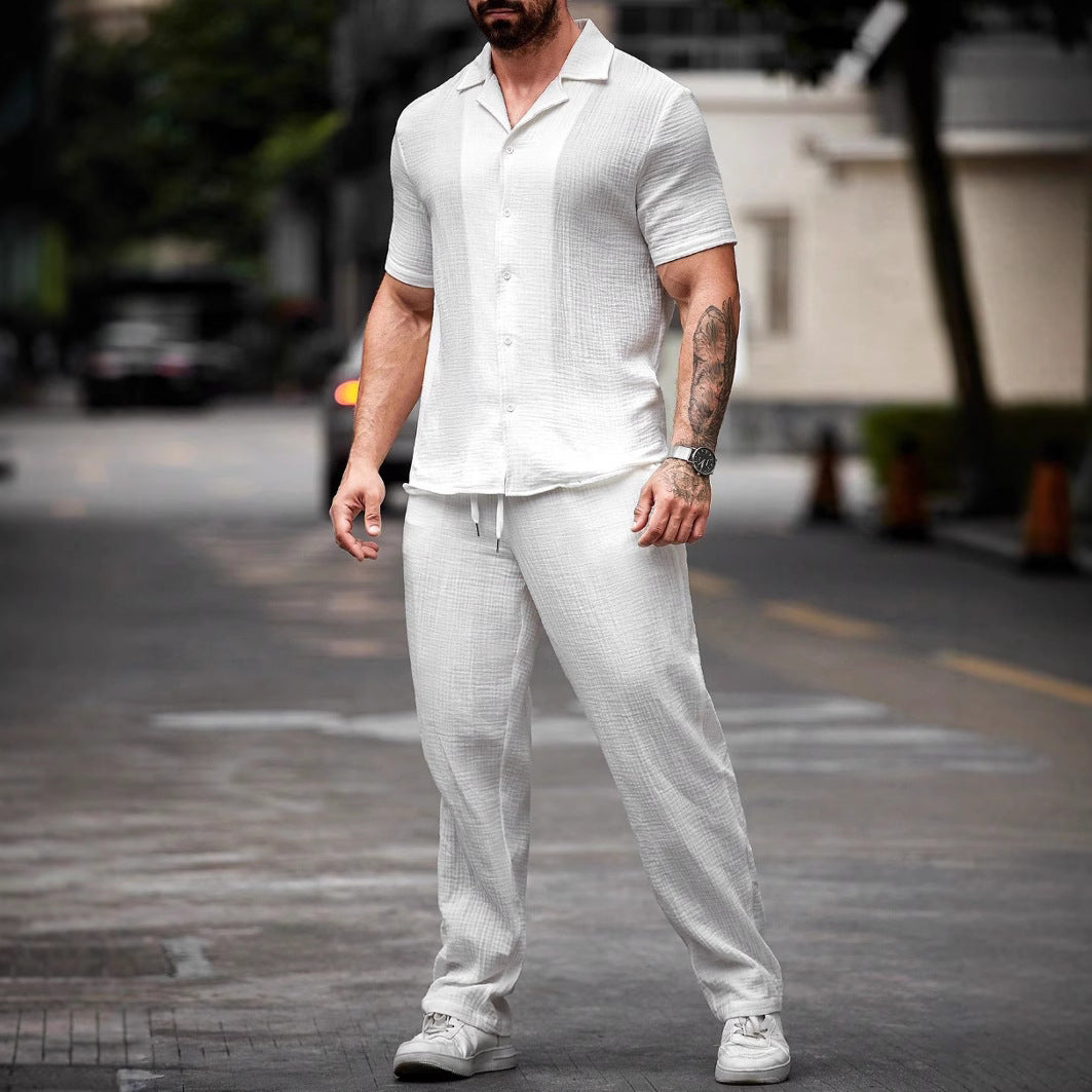 Men's white camp collar shirt and trousers two piece set