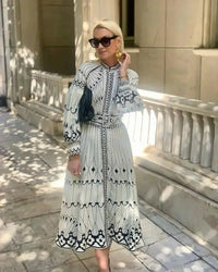 Midi Dress Long Sleeve Geometric Print A-Line