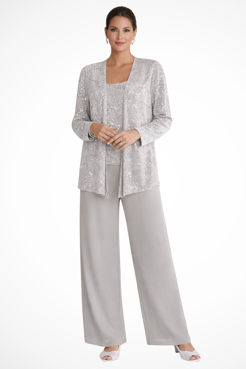 Women's sequin lace three-piece wide leg trouser suit