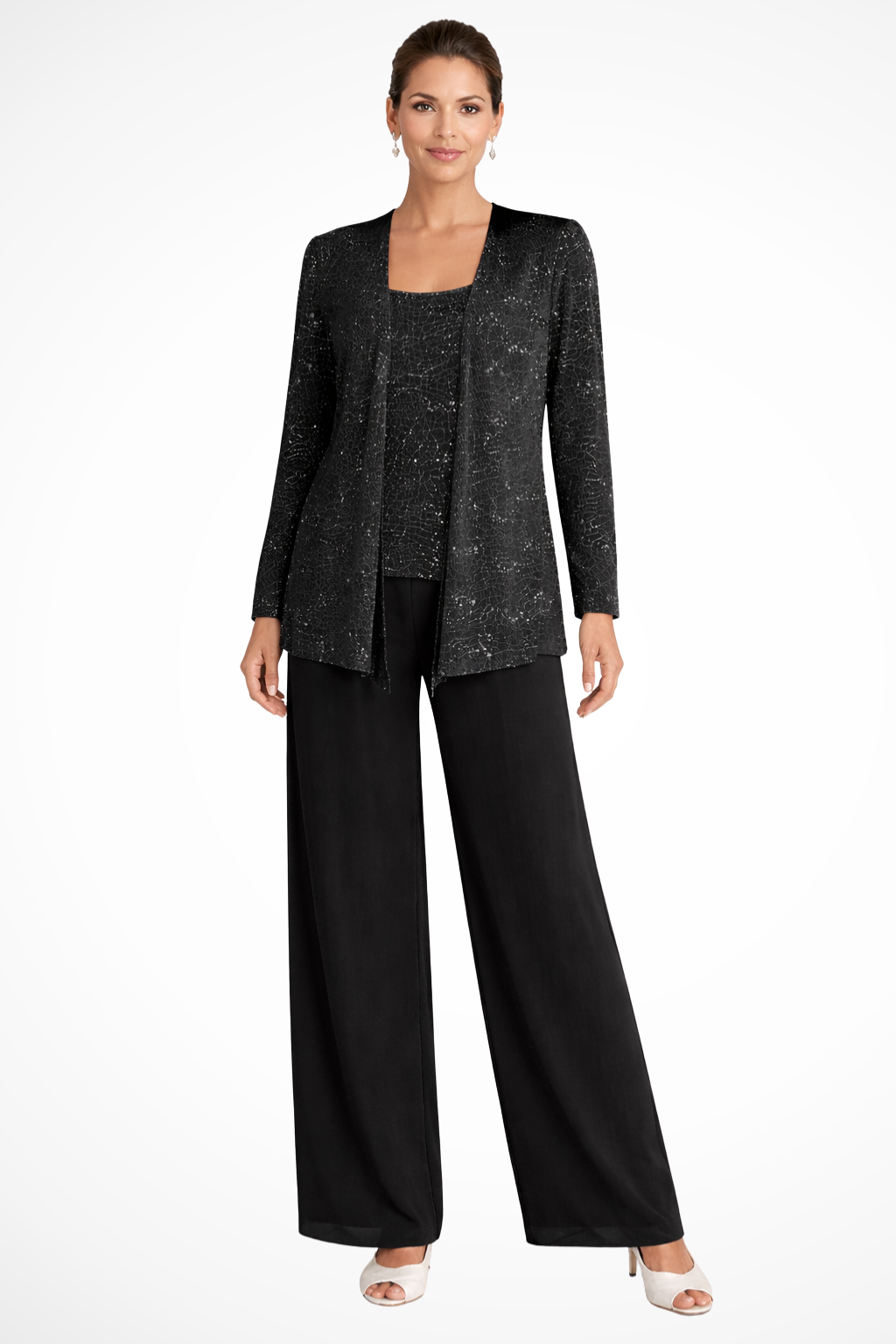 Women's sequin lace three-piece wide leg trouser suit