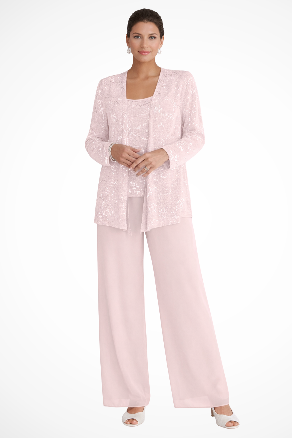 Women's sequin lace three-piece wide leg trouser suit