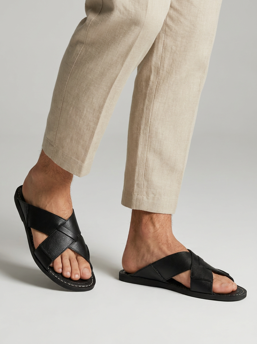 Leather Sandals with Cross-Strap Design
