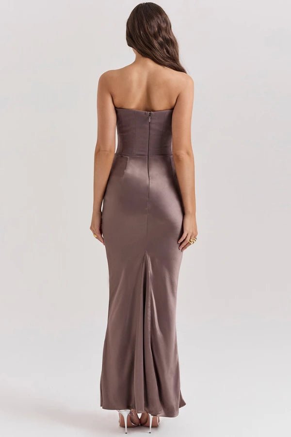 Women's smoke strapless satin evening gown with a sweetheart neck