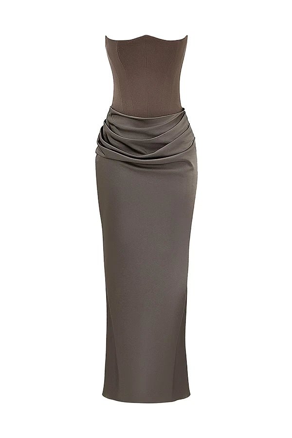 Women's smoke strapless satin evening gown with a sweetheart neck