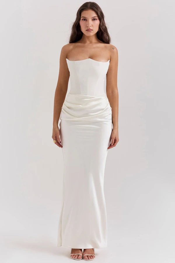 Women's ivory strapless satin evening gown with a sweetheart neck